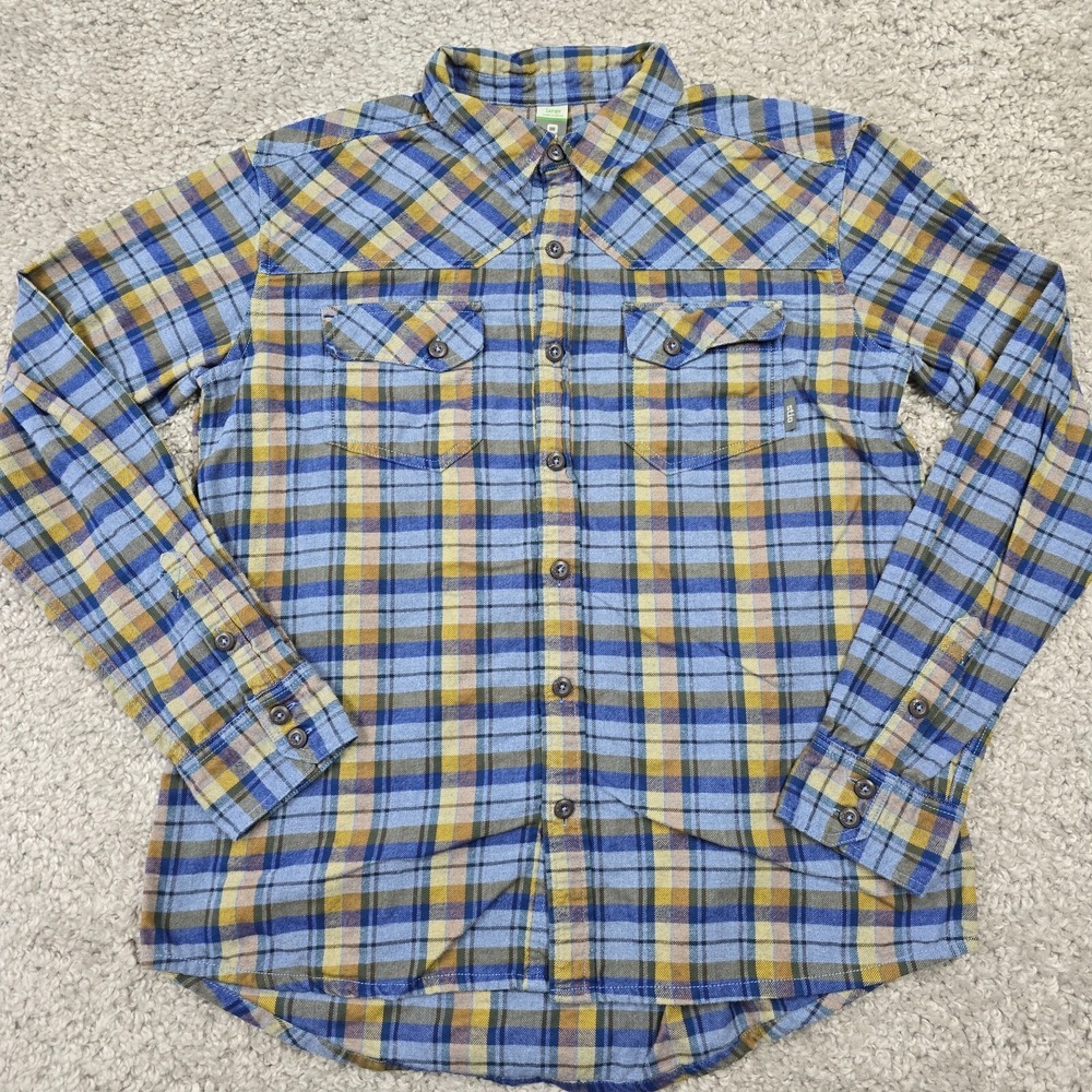 Stio Mens Flannel Shirt Midweight Plaid Blue Yellow Size L Outdoors Rugged